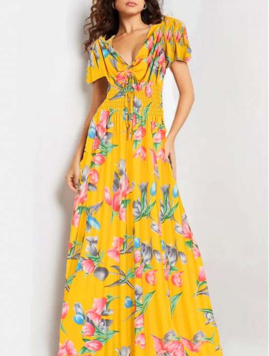 Floral V -Neck Short Sleeved Summer Dress